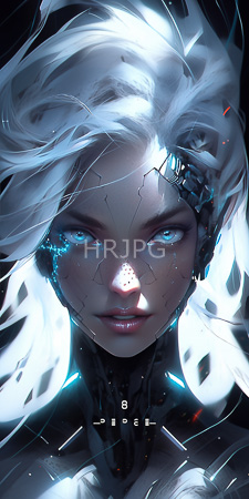 High Resolution: Ethereal pale-skinned woman with glowing blue eyes and flowing white hair made from light particles download. | HRJPG.com