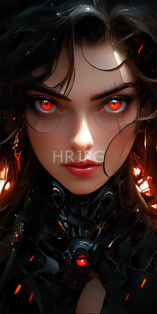 High Resolution: Intense dark-haired woman with glowing red eyes and pale skin wearing intricate metallic armor download. | HRJPG.com