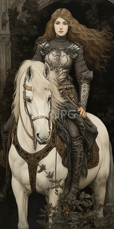 High Resolution: Ethereal fair-skinned woman in detailed medieval armor riding a white horse download. | HRJPG.com