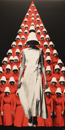 High Resolution: African-American woman in white sleeveless dress and hat standing before a pyramid formation of red-clad individuals download. | HRJPG.com