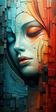 High Resolution: Abstract mosaic-style portrait of a serene woman's face using fragmented geometric shapes download. | HRJPG.com
