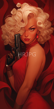 High Resolution: Attractive woman with voluminous curly blonde hair wearing a sleeveless crimson dress holding a black handgun download. | HRJPG.com