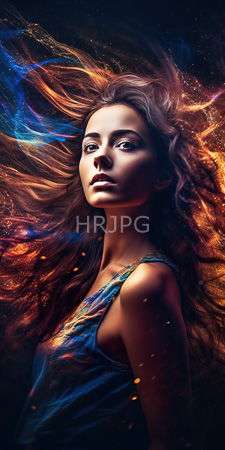High Resolution: Ethereal light-skinned woman with flowing brown hair infused in vibrant blue and orange hues download. | HRJPG.com