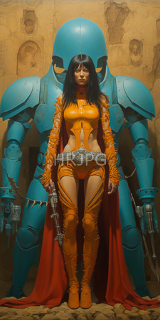 High Resolution: Asian woman wearing orange latex armor and cape standing before a large blue robot-like figure download. | HRJPG.com