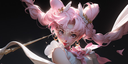 High Resolution: Anime-style girl with pink twin-braided hair adorned with white ribbons and gold accessories download. | HRJPG.com