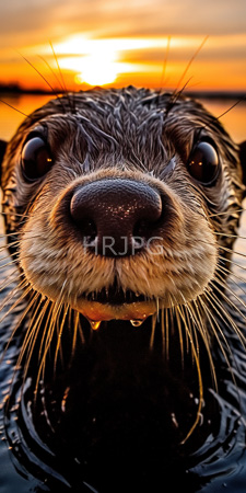 High Resolution: Close-up otter's face at sunset with wet fur and large dark eyes reflecting an orange sky download. | HRJPG.com