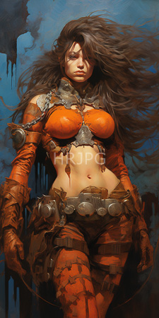 High Resolution: Intense muscular woman with long brown hair wearing orange armor that exposes her midriff download. | HRJPG.com