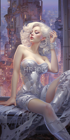 High Resolution: Elegant pale-skinned woman with platinum blonde curls sitting on a windowsill in futuristic cityscape download. | HRJPG.com