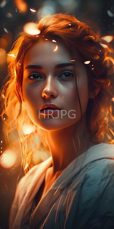 High Resolution: Ethereal young woman with wavy golden-red hair illuminated by warm light download. | HRJPG.com