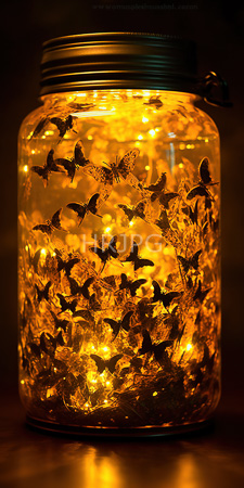 High Resolution: Illuminated mason jar filled with numerous black butterfly silhouettes and glowing yellow fairy lights download. | HRJPG.com