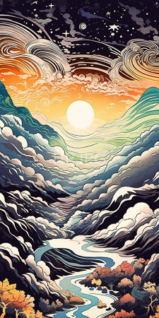High Resolution: Ethereal mountainous landscape at sunset with swirling clouds and a vibrant orange sun download. | HRJPG.com
