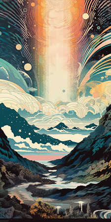 High Resolution: Ethereal landscape with swirling colorful clouds and celestial orbs in pastel hues above mountains download. | HRJPG.com