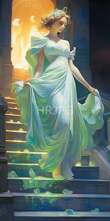 High Resolution: Ethereal blonde woman in flowing white gown descending stone stairs in soft light download. | HRJPG.com