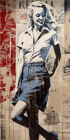 High Resolution: Urban-style mixed-media of a blonde woman in mid-stride wearing a white button-up shirt and blue skirt download. | HRJPG.com