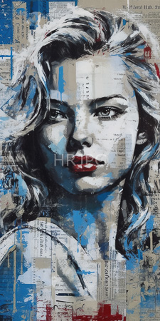 High Resolution: Abstract mixed-media woman's face using newspaper clippings with bold blue paint accents download. | HRJPG.com