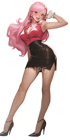 High Resolution: Anime-style drawing of an attractive curvy woman with long pink hair wearing a red blouse download. | HRJPG.com
