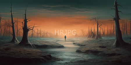 High Resolution: Eerie twilight forest landscape with leafless trees and a central figure in silhouette download. | HRJPG.com