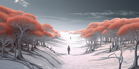 High Resolution: Ethereal forest scene with leafless trees adorned in vibrant coral-colored foliage on snow-covered ground download. | HRJPG.com
