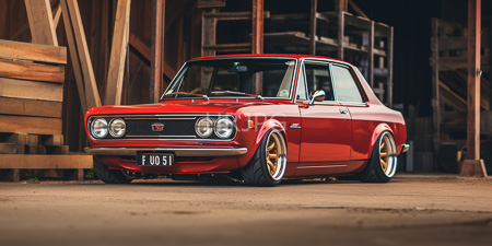 High Resolution: Vibrant red vintage two-door car with gold rims and dual round headlights in a wooden warehouse download. | HRJPG.com