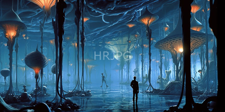 High Resolution: Eerie bioluminescent forest with towering fungal-like plants emitting orange light download. | HRJPG.com
