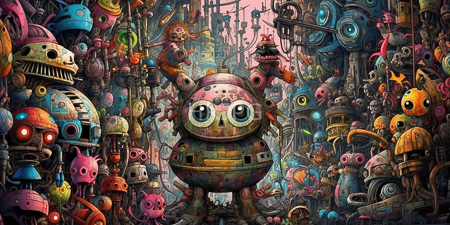 High Resolution: Intricate colorful steampunk style scene with numerous whimsical robots and mechanical creatures download. | HRJPG.com