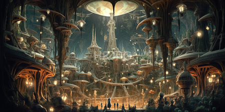 High Resolution: Intricately detailed illuminated cityscape with towering organic structures resembling mushrooms and domes download. | HRJPG.com