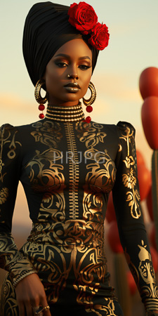 High Resolution: African woman with dark skin wearing an intricate gold-patterned black dress and red rose-adorned headwrap download. | HRJPG.com