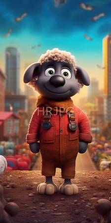 High Resolution: Anthropomorphic grey dog with curly white wool and green eyes standing on dirt download. | HRJPG.com