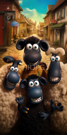 High Resolution: Five anthropomorphic blue sheep with large eyes and wide grins standing before a street market backdrop download. | HRJPG.com
