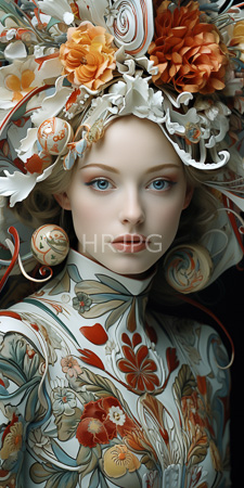 High Resolution: Ethereal fair-skinned woman with blue eyes wearing elaborate floral-patterned attire adorned in orange roses download. | HRJPG.com