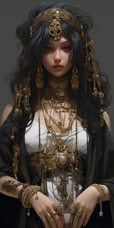 High Resolution: Asian woman with long wavy black hair adorned in intricate gold jewelry and headpieces download. | HRJPG.com