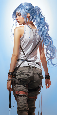 High Resolution: Attractive slender woman with long blue hair in a ponytail wearing a white tank top and gray cargo pants download. | HRJPG.com