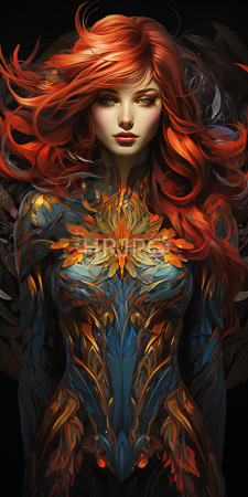 High Resolution: Ethereal fair-skinned woman with vibrant red hair wearing intricate armor-like clothing download. | HRJPG.com