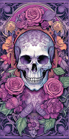 High Resolution: Intricately detailed white skull with purple shadows and ornate patterns surrounded by vibrant pink roses download. | HRJPG.com