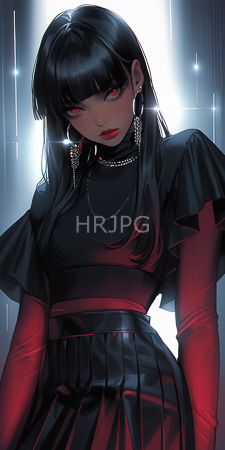 High Resolution: Anime-style drawing of an attractive young woman with long black hair and red eyes wearing gothic attire download. | HRJPG.com