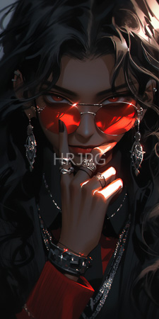 High Resolution: Androgynous person with long wavy black hair wearing red-tinted sunglasses download. | HRJPG.com