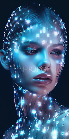 High Resolution: Ethereal fair-skinned woman with glowing blue and purple lights embedded in her skin download. | HRJPG.com
