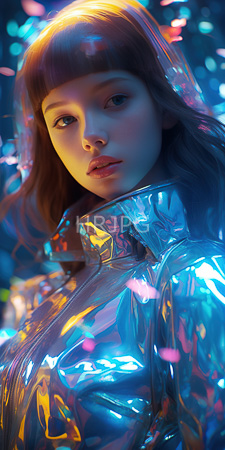 High Resolution: Ethereal young woman with straight brown hair and blunt bangs wearing a shiny silver reflective jacket download. | HRJPG.com