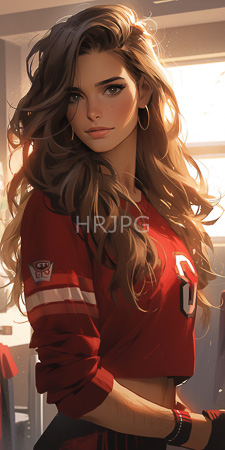High Resolution: Attractive young woman with long wavy brown hair and green eyes wearing a red sports jersey download. | HRJPG.com