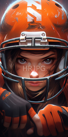 High Resolution: Intense female football player with brown hair wearing an orange helmet and gloves download. | HRJPG.com