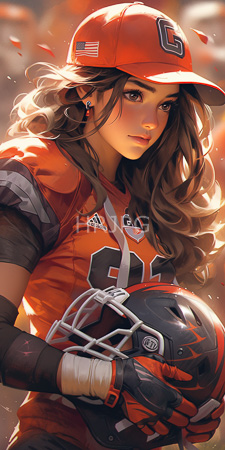 High Resolution: Attractive young woman with long wavy brown hair wearing an orange football helmet and jersey download. | HRJPG.com