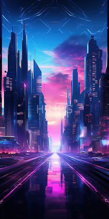 High Resolution: Futuristic cityscape at sunset with towering skyscrapers illuminated by neon lights download. | HRJPG.com