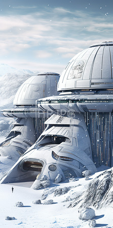 High Resolution: Three futuristic dome-shaped spacecraft with sleek metallic surfaces standing on snowy terrain download. | HRJPG.com