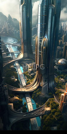 High Resolution: Futuristic cityscape with towering sleek skyscrapers featuring curved golden accents and elevated roadways download. | HRJPG.com