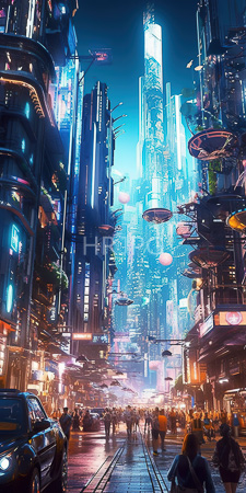 High Resolution: Futuristic neon-lit city street at night with towering skyscrapers in vibrant blue and pink lights download. | HRJPG.com