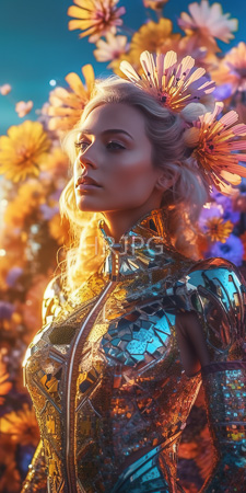 High Resolution: Attractive blonde woman with wavy hair adorned in shimmering gold and blue metallic armor-like clothing download. | HRJPG.com