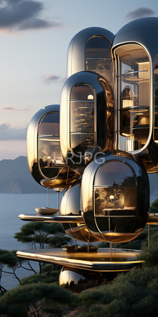 High Resolution: Futuristic spherical metallic pods with reflective golden surfaces stacked in layers on stilts download. | HRJPG.com