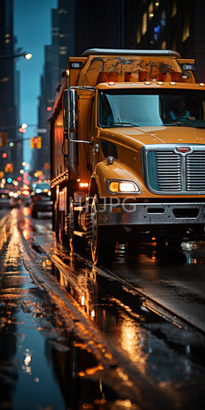 High Resolution: Orange dump truck with illuminated headlights driving on wet city streets at night download. | HRJPG.com