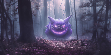 High Resolution: Eerie forest in purple and blue hues with a purple ghost-like creature with glowing pink eyes download. | HRJPG.com