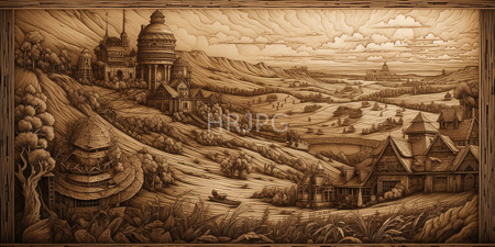 High Resolution: Sepia-toned intricately detailed woodcut of an expansive fantasy landscape with rolling hills download. | HRJPG.com